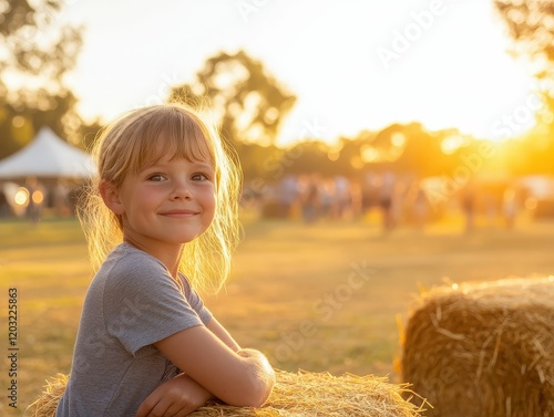 A smiling child sits on a hay bale at sunset, surrounded by a vibrant outdoor setting, capturing a moment of joy and warmth. photo