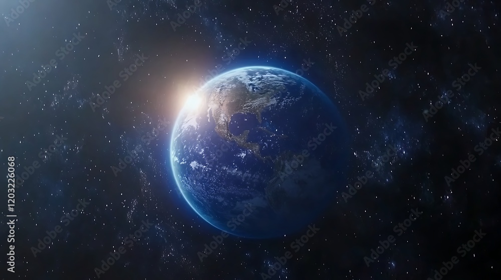 Fototapeta premium Earth sunrise in space with stars.