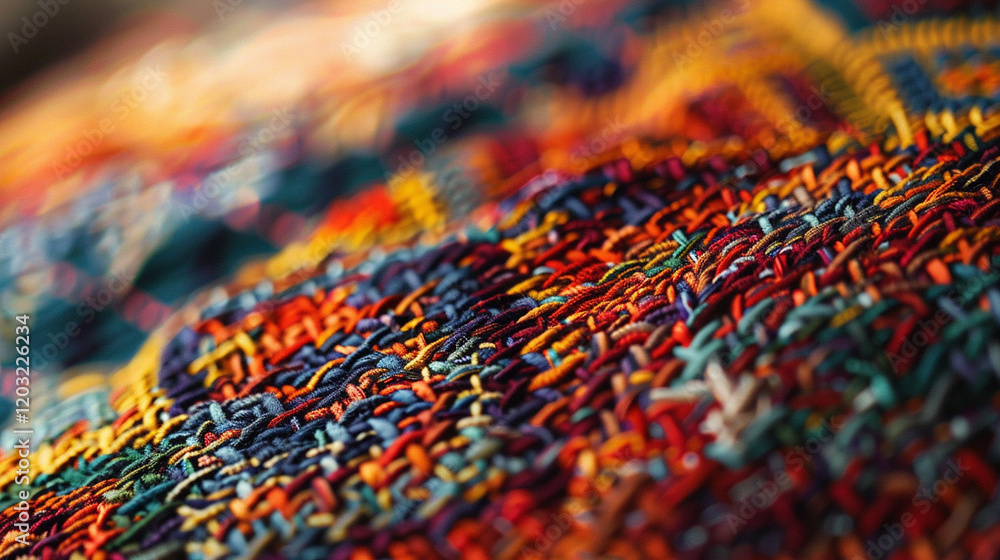 A vibrant close-up of woven cotton fabric in a tribal pattern, showcasing intricate stitch details. A vibrant close-up of woven cotton fabric in a tribal pattern, showcasing intricate stitch details.