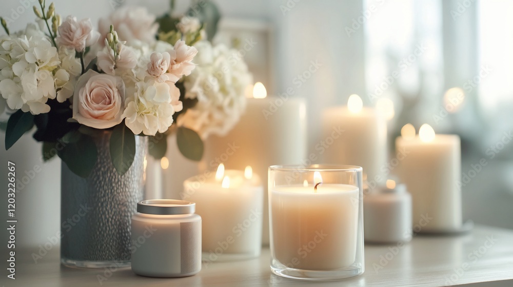 Scented candles and flowers in a relaxing home setting. Scented candles and flowers in a relaxing home setting.