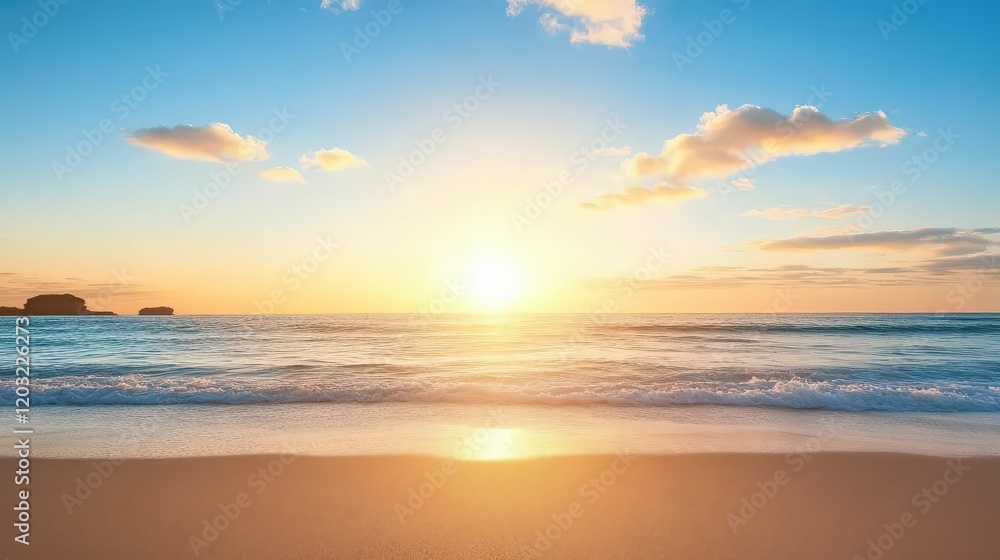 A tranquil beach scene at sunset, featuring a vibrant sky, gentle waves, and soft sand illuminated by the golden light of the setting sun. A tranquil beach scene at sunset, featuring a vibrant sky, gentle waves, and soft sand illuminated by the golden light of the setting sun.