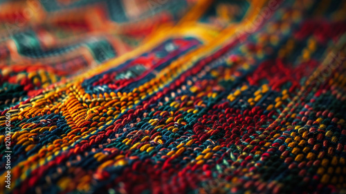 A vibrant close-up of woven cotton fabric in a tribal pattern, showcasing intricate stitch details.