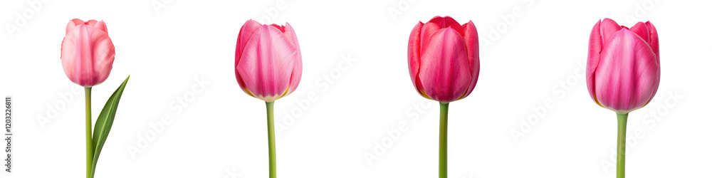 Stunning close up view of vibrant pink tulip flowers in full bloom standing tall on green stems against a clean white background Stunning close up view of vibrant pink tulip flowers in full bloom standing tall on green stems against a clean white background