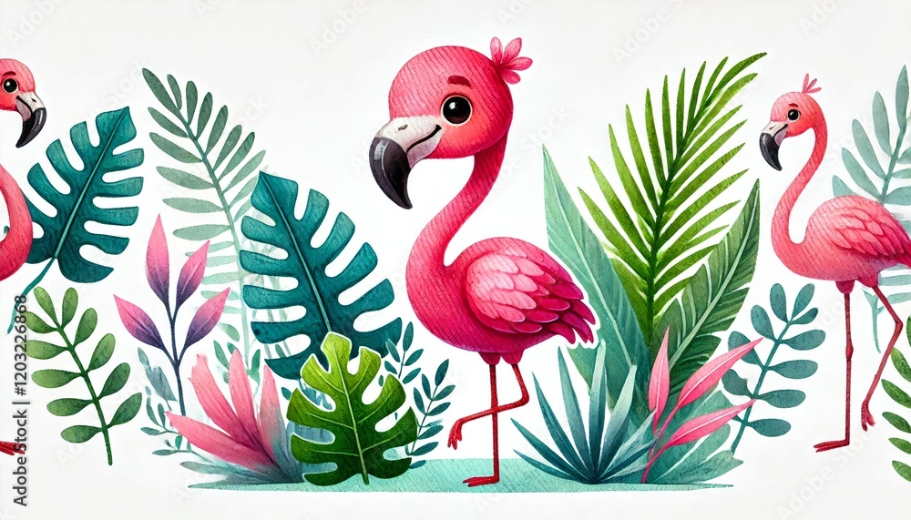 Fototapeta premium Cute cartoon flamingo standing among tropical plants, showcasing vibrant colors and cheerful expression