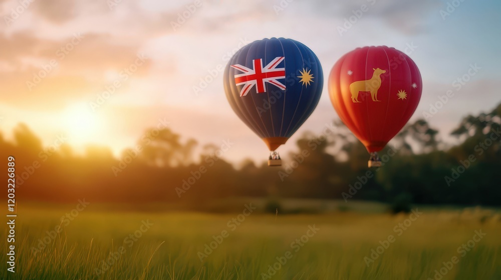 Naklejka premium Two colorful hot air balloons float in the sky at sunset, featuring Australian symbols against a serene natural backdrop.