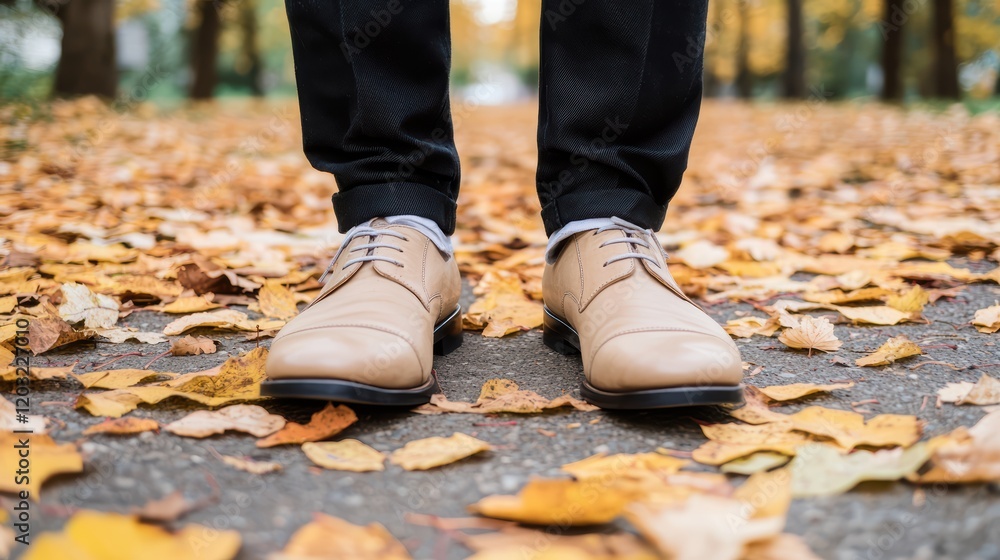 A person stands on a path covered with autumn leaves, wearing stylish light brown shoes and dark pants in a vibrant fall setting. A person stands on a path covered with autumn leaves, wearing stylish light brown shoes and dark pants in a vibrant fall setting.