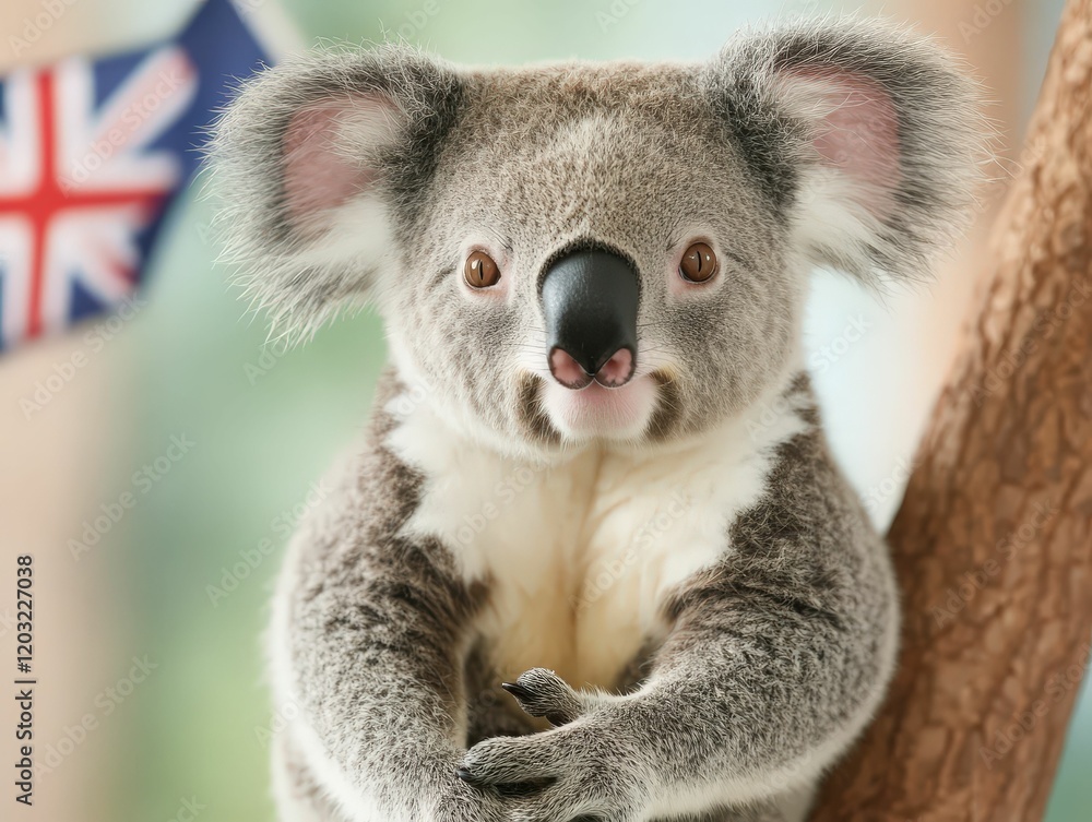 Fototapeta premium A cute koala perched on a tree, displaying its characteristic fur and features, with a hint of a British flag in the background.