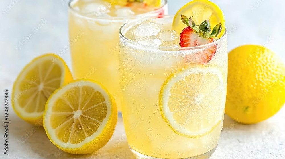 Refreshing lemonade drinks with lemon and strawberry garnish Refreshing lemonade drinks with lemon and strawberry garnish