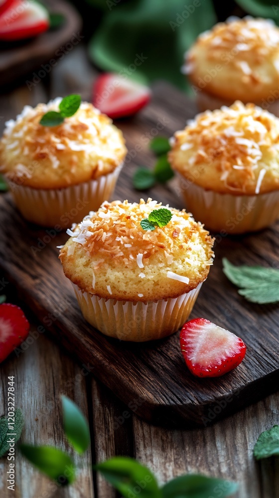 Delicious coconut muffins sweetly arranged rustic wooden board warm golden light. AI Generated Delicious coconut muffins sweetly arranged rustic wooden board warm golden light. AI Generated