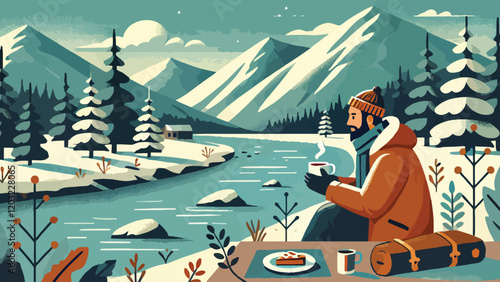 an adventurer enjoying a cup of coffee and a plate of bread by the side of a small river, with views of snowy mountains and dense forests