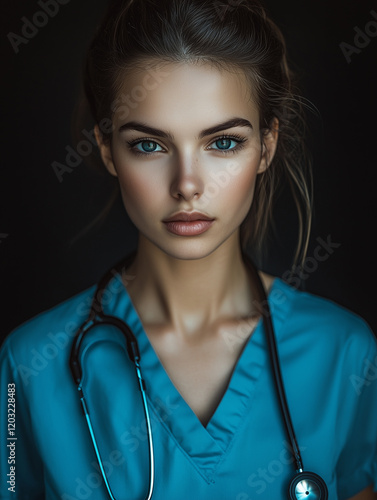 Beautiful Woman in Blue Scrubs with Stethoscope photo