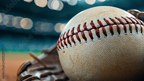 Close-up of a baseball resting in a glove on a diamond field under soft lighting.