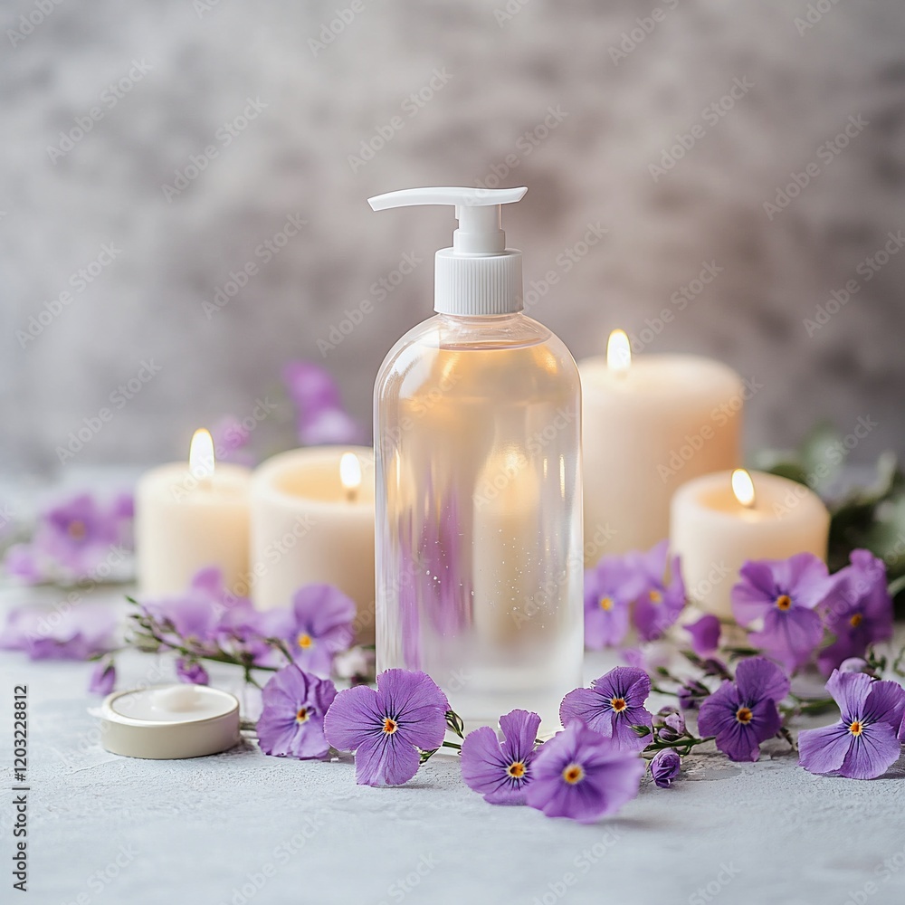 Spa setting with scented oil, candles, and purple flowers. Spa setting with scented oil, candles, and purple flowers.