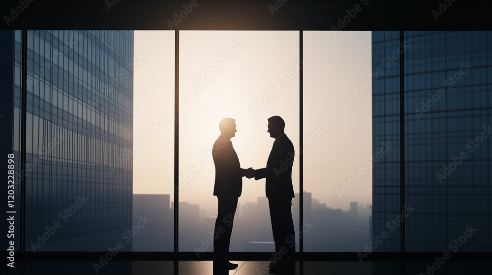 Two men shaking hands in front of a building Two men shaking hands in front of a building