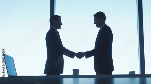 Two men shaking hands in a business setting