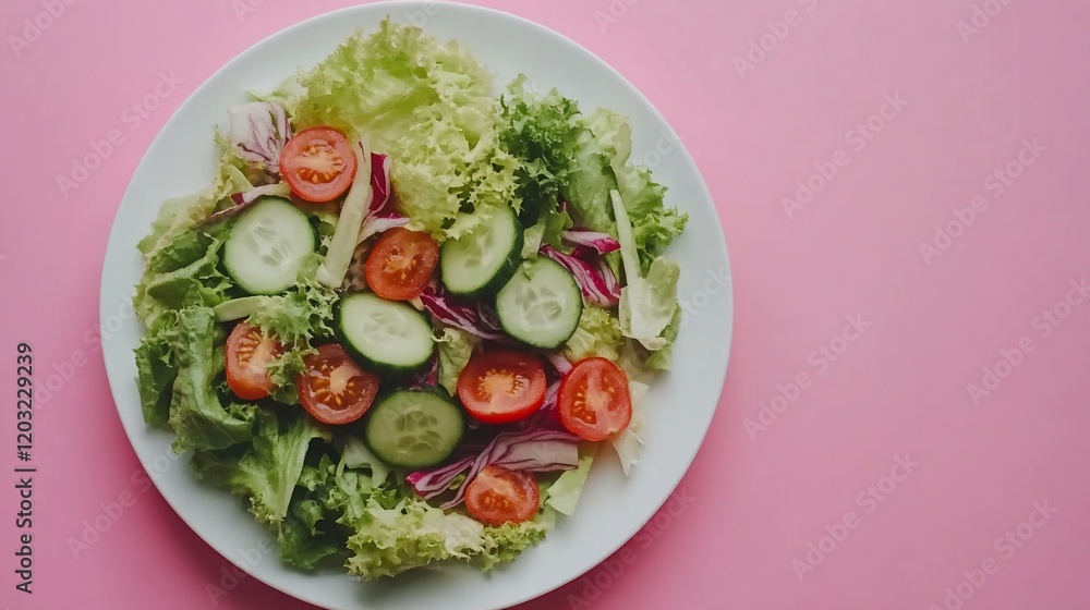 Fresh green salad with tomatoes and cucumbers on a pink background. Fresh green salad with tomatoes and cucumbers on a pink background.