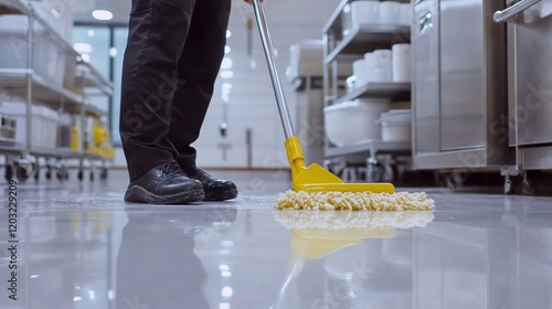 Person mopping shiny floor in a commercial kitchen.