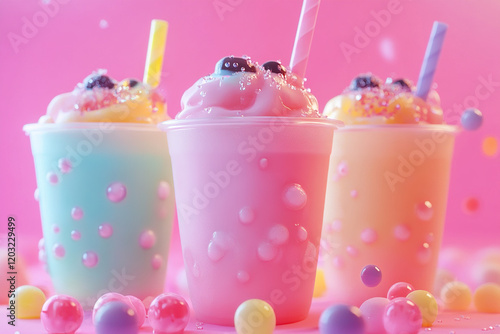 The image features three colorful bubble tea drinks in pastel-colored cups, with straws and toppings like whipped cream and pearls photo