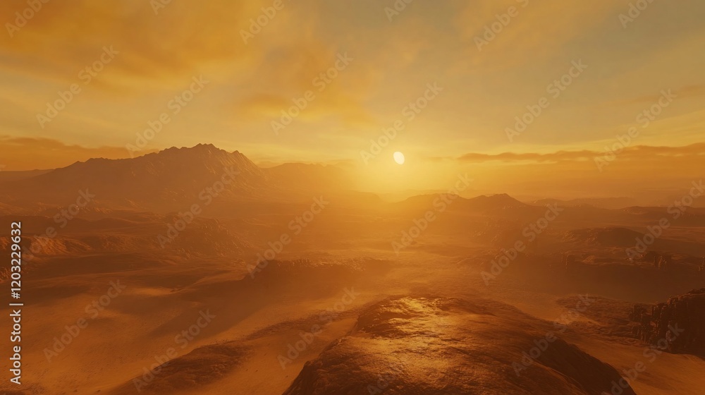 Naklejka premium Hazy sunset over a Martian-like landscape with mountainous terrain and a hazy atmosphere.