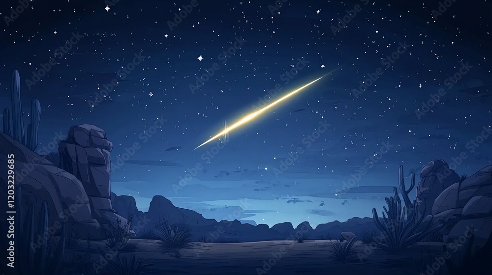 Naklejka premium Meteor shower over a desert landscape at night.