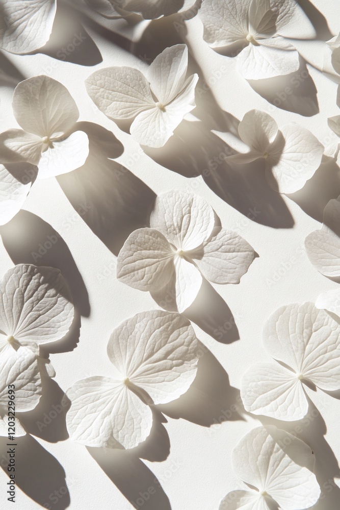 White hydrangea petals arranged on white background with shadows. White hydrangea petals arranged on white background with shadows.