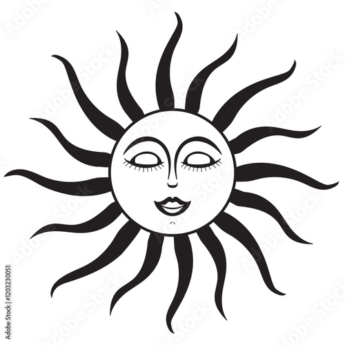 Stylized sun icon with face for Shrovetide or Maslenitsa Russian holiday. Folklore art, bohemian style black and whte silhouette