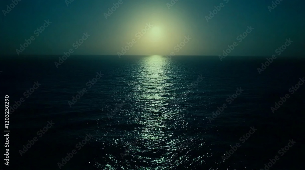 Serene moonlit ocean at night, reflecting light on calm waters.