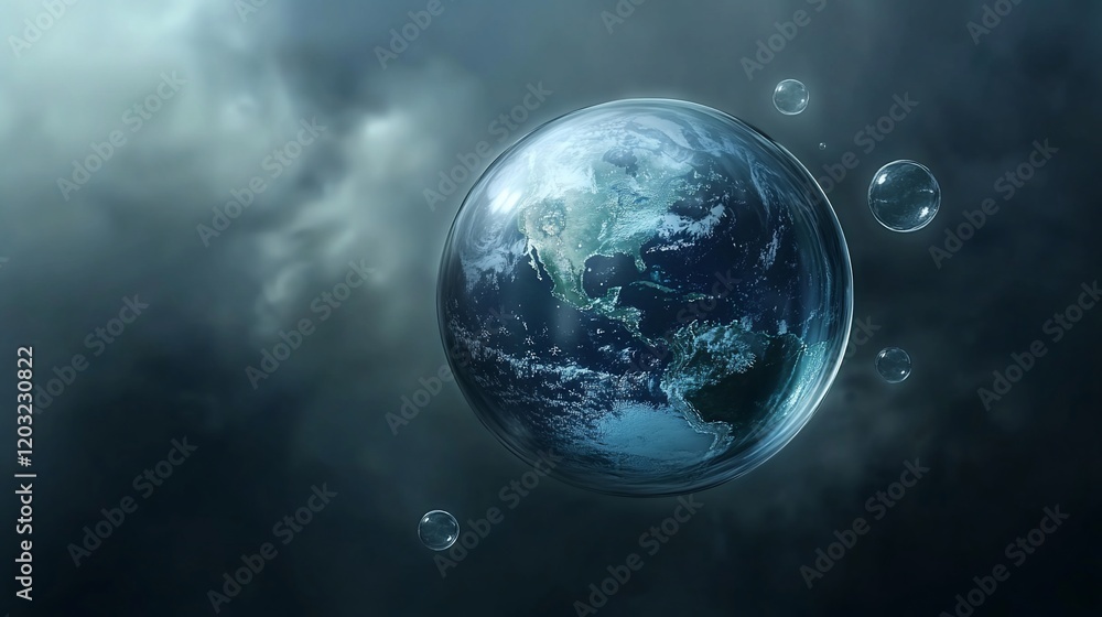 Earth encased in a glass sphere, floating amidst dark clouds and bubbles. Earth encased in a glass sphere, floating amidst dark clouds and bubbles.