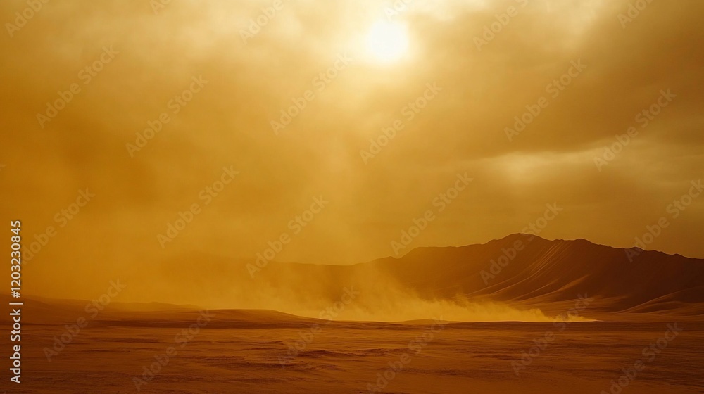 Fototapeta premium Intense desert dust storm with sun behind hazy clouds and mountains.