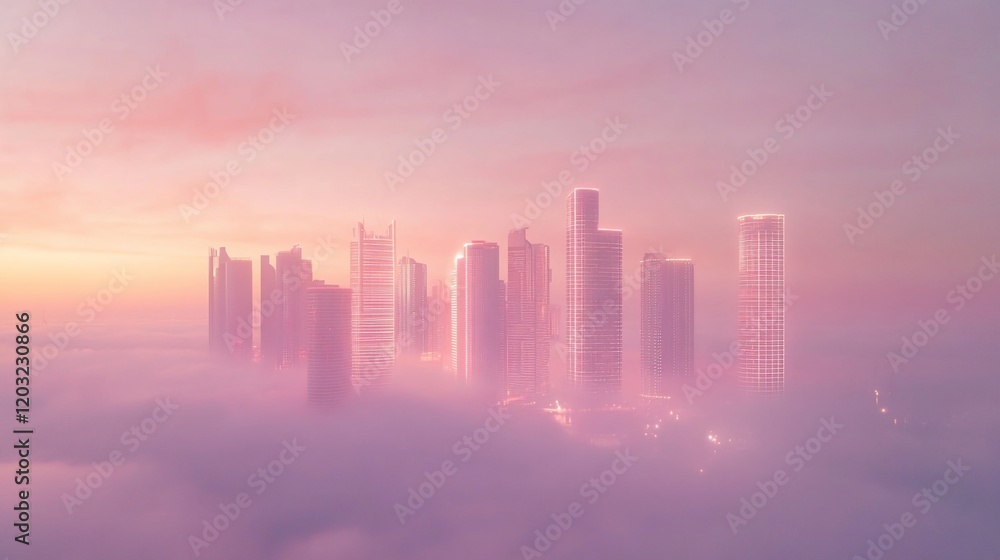 Fototapeta premium Dreamlike cityscape at dawn, shrouded in pink mist.