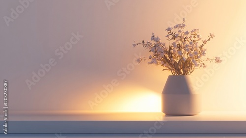 White flowers in vase on shelf, warm light.