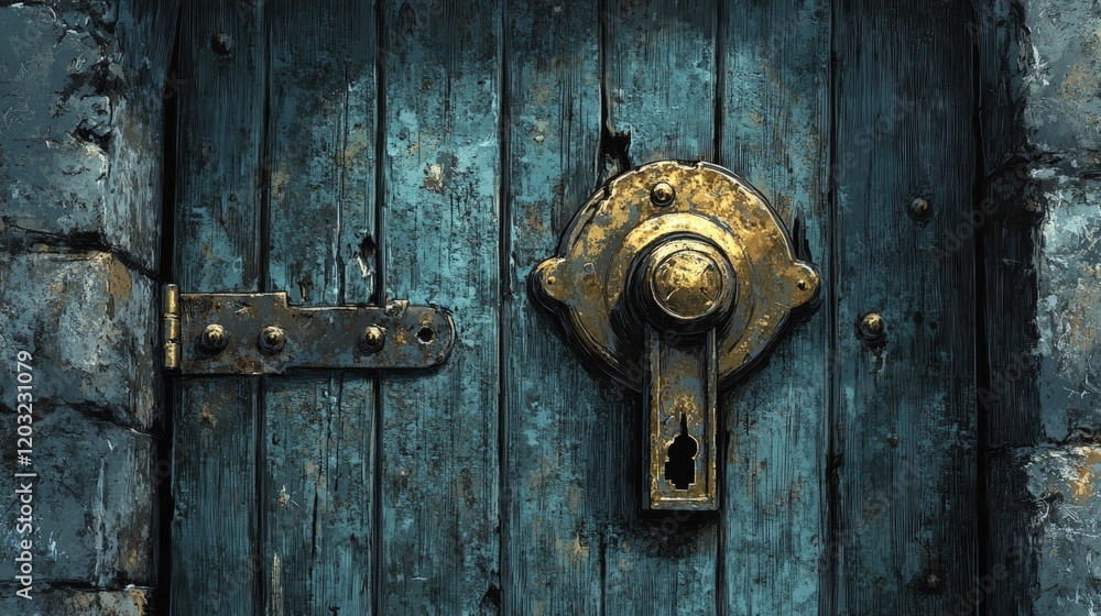 Antique door, weathered wood, ornate lock. Antique door, weathered wood, ornate lock.