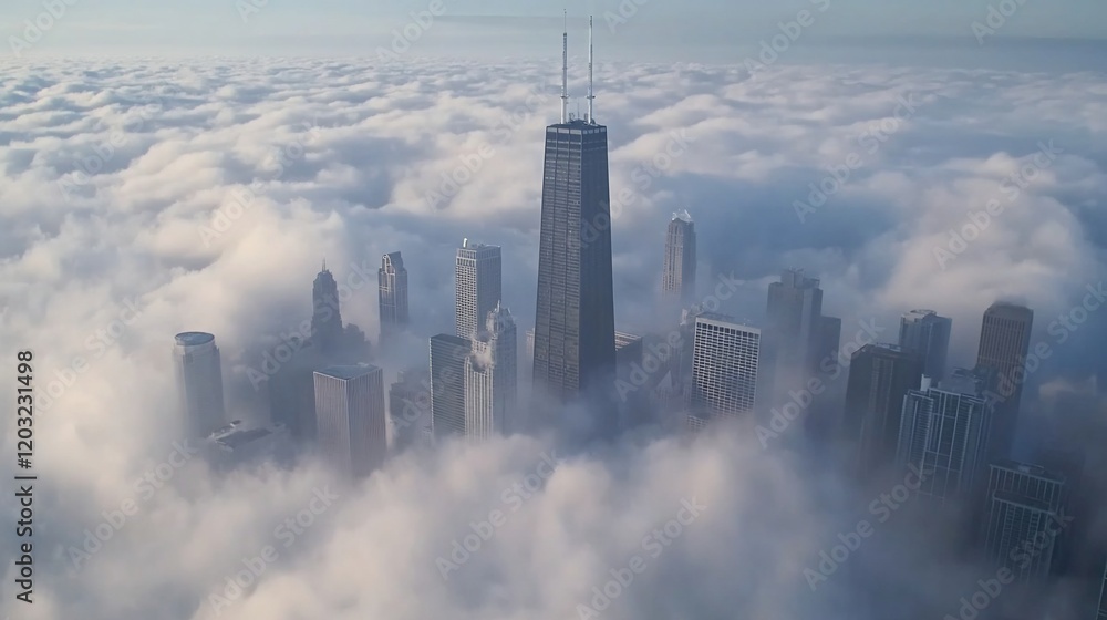 Cityscape above clouds, skyscrapers emerging from fog. Cityscape above clouds, skyscrapers emerging from fog.