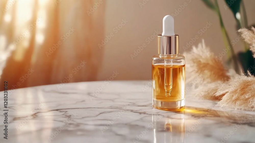 Naklejka premium Amber essential oil in glass dropper bottle on marble table.