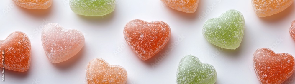Colorful heart-shaped gummies arranged beautifully on a white background. Colorful heart-shaped gummies arranged beautifully on a white background.