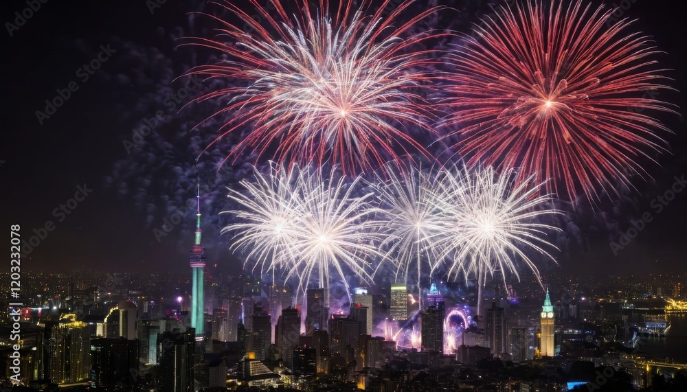 Fireworks light up the cityscape at night Fireworks light up the cityscape at night