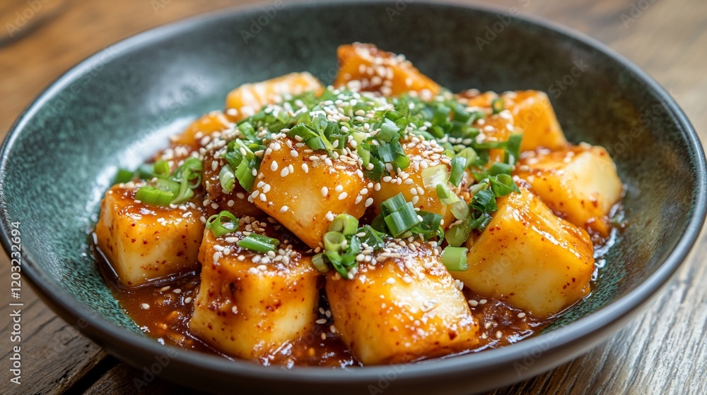Close-up of savory pan-fried tofu cubes in a rich sauce, garnished with sesame seeds and green onions, served in a dark bowl on a wooden table. Close-up of savory pan-fried tofu cubes in a rich sauce, garnished with sesame seeds and green onions, served in a dark bowl on a wooden table.