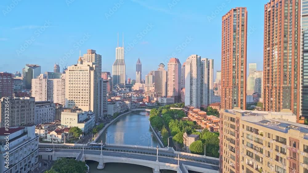 4K Real Time Aerial view of Suzhou River and bridge at sunrise in Shanghai 4K Real Time Aerial view of Suzhou River and bridge at sunrise in Shanghai