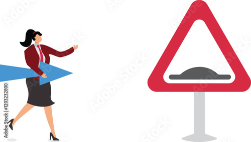 Business slow down due to obstacles difficulty or speed limit beware of crisis ahead or recession economic depression concept businesswoman running with arrow to find speed bump slow down sign