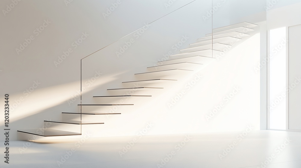 Obraz premium Modern white staircase with glass railing, sunlight illuminating steps in minimalist interior.