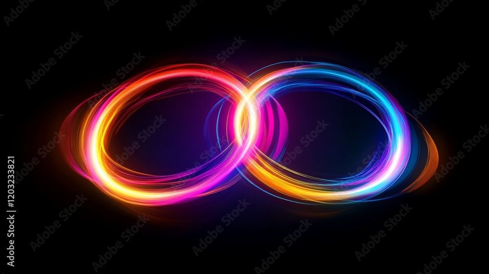 Vibrant, interconnected glowing rings forming an infinity symbol on black background. Vibrant, interconnected glowing rings forming an infinity symbol on black background.