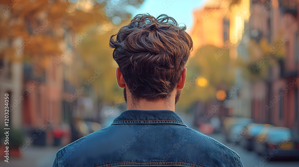 Man walking down a vibrant city street in autumn Man walking down a vibrant city street in autumn