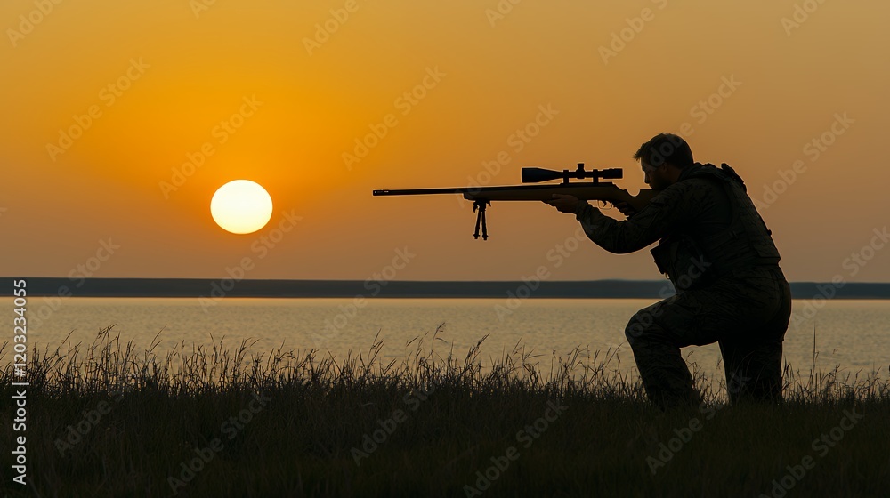 Silhouette of a Sniper at Sunset Silhouette of a Sniper at Sunset