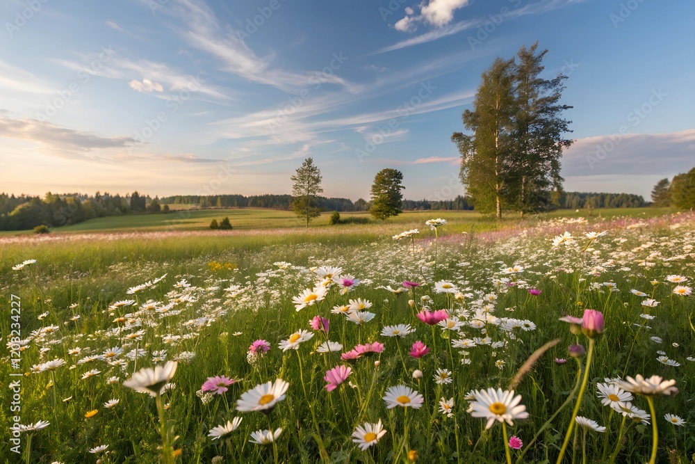 Meadow filled with white and pink daisies on a sunny day. Meadow filled with white and pink daisies on a sunny day.