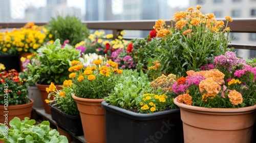 Wallpaper Mural A vibrant arrangement of colorful flowers in pots on a balcony, showcasing a beautiful urban garden with various blooming plants. Torontodigital.ca