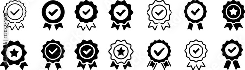 Approval check big icon set. Verified, certified, medal, correct mark, award ribbon, badge, quality certify sign - stock.
