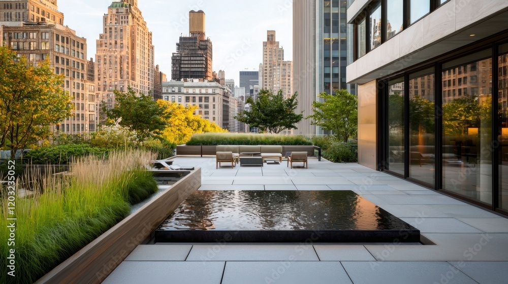 Obraz premium A modern rooftop terrace features greenery, a reflecting pool, and city skyline views, blending urban living with nature.