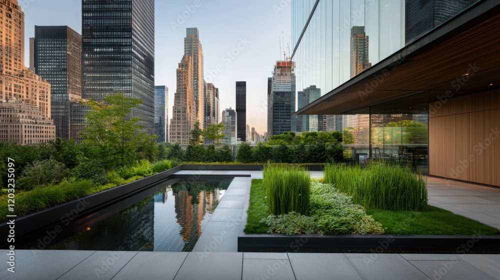 Fototapeta premium A modern urban rooftop garden featuring greenery, a reflective water pool, and a skyline backdrop with towering skyscrapers.