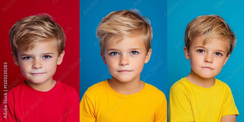 Cheerful Blond Children in Vibrant Colored Shirts Posing for Portrait Cheerful Blond Children in Vibrant Colored Shirts Posing for Portrait
