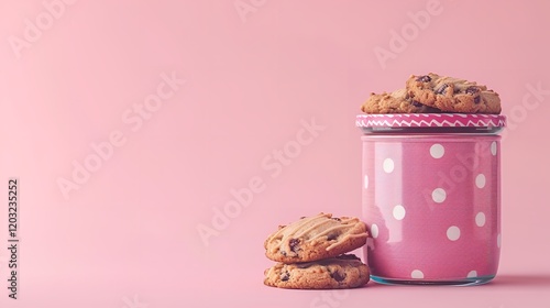 A cookie jar featuring a copy space image on a pink background, Generative Ai.